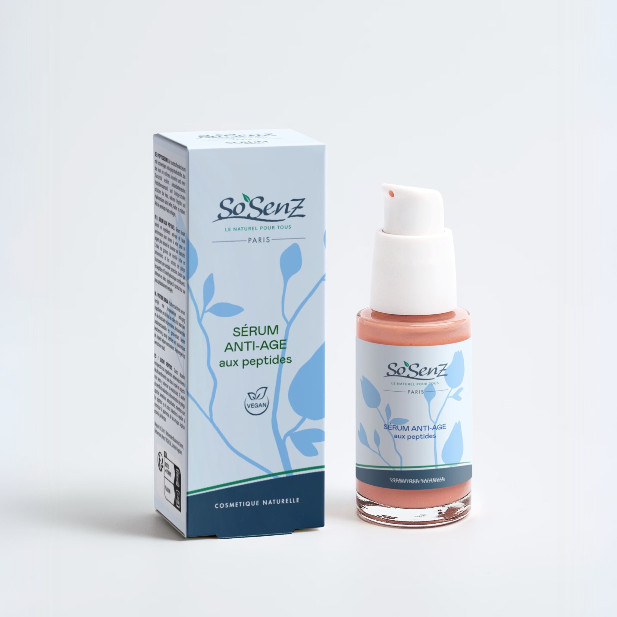 Sérum anti-âge aux peptides So'Senz : hydrate, raffermit, lisse les ridules et illumine le teint. 99 % d'ingrédients d'origine naturelle.